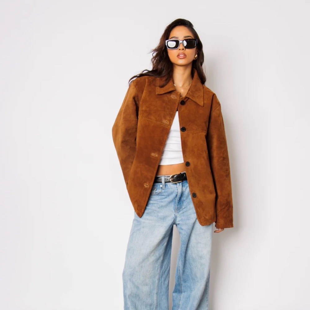 Oversized Brown Suede Jacket S - Picture 3 of 8